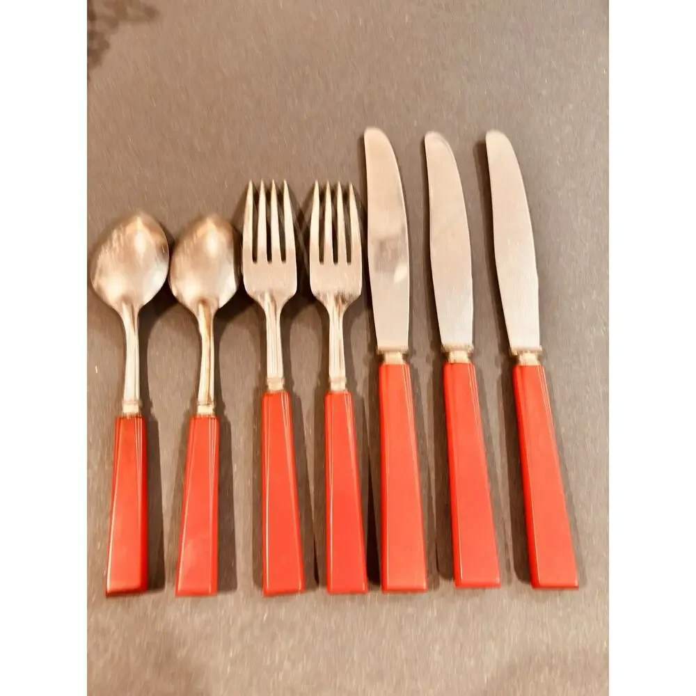 Vintage Red Bakelite Art Deco Flatware Silverware Stainless USA 7 Pcs Set
